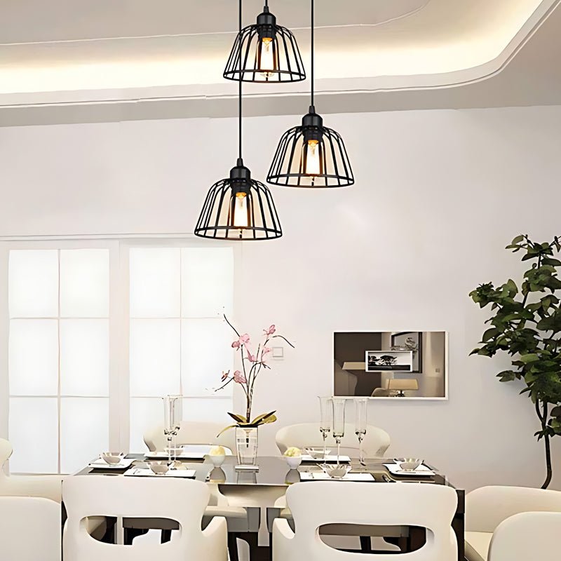 Black Iron Cage LED Chandelier - Small Industrial Pendant Light for Dining Room
