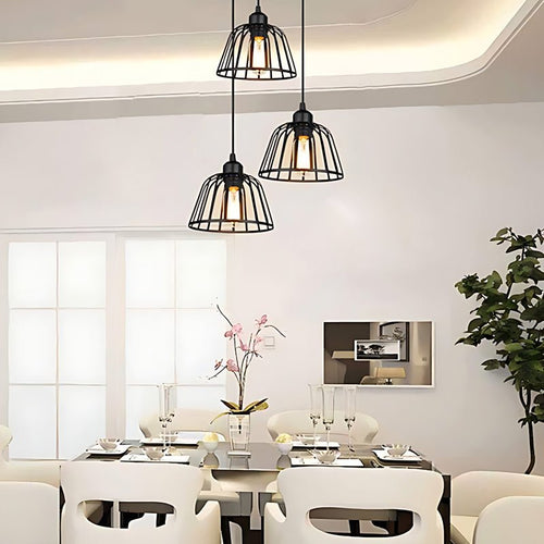 Black Iron Cage LED Chandelier - Small Industrial Pendant Light for Dining Room