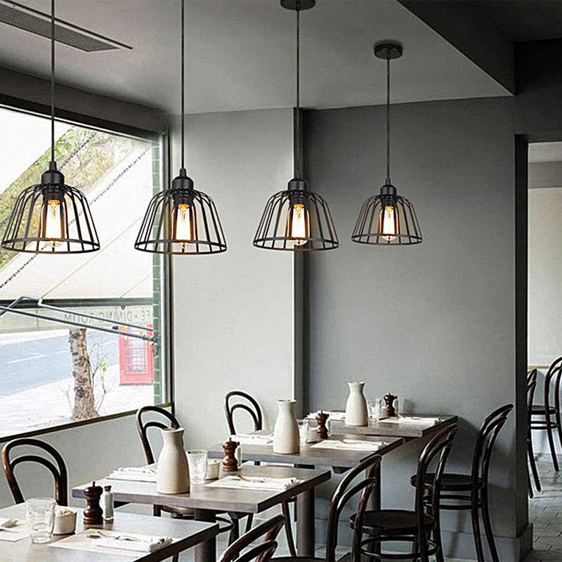 Black Iron Cage LED Chandelier – Industrial Retro Light for Dining Room
