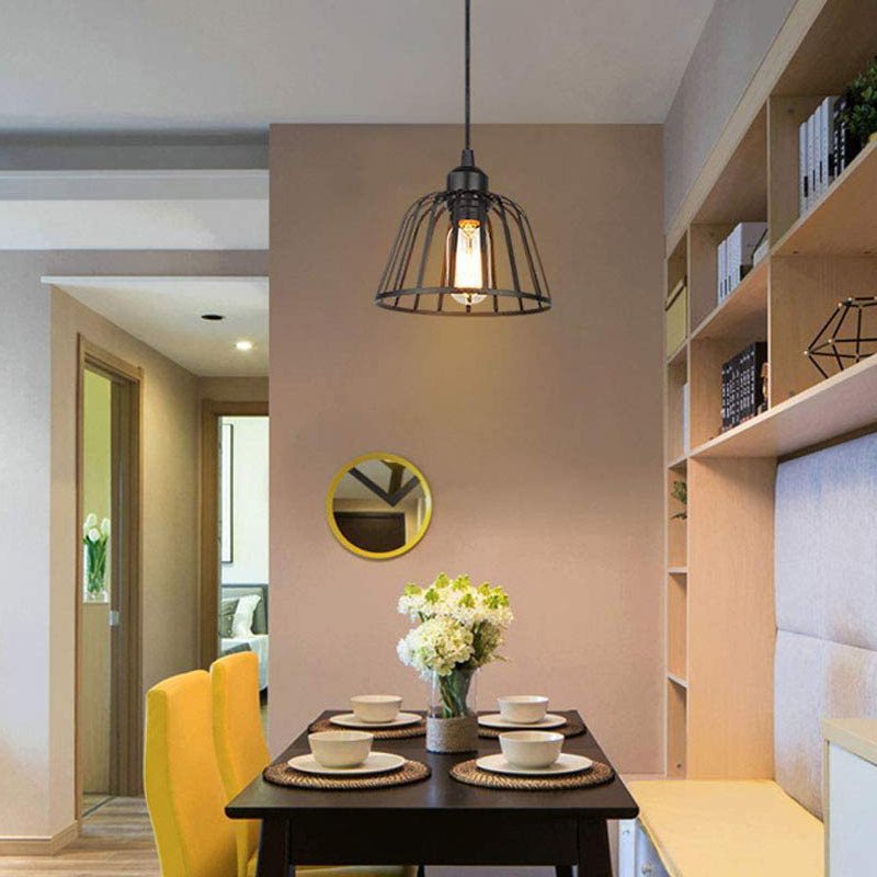Black Iron Cage LED Chandelier - Small Industrial Pendant Light for Dining Room