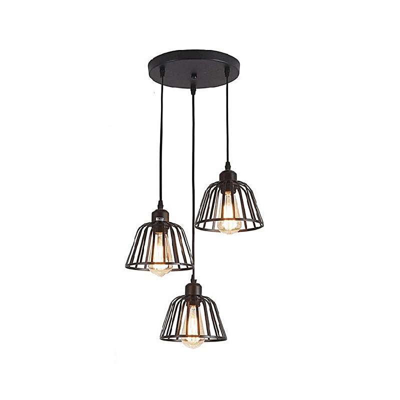 Black Iron Cage LED Chandelier – Industrial Retro Light for Dining Room