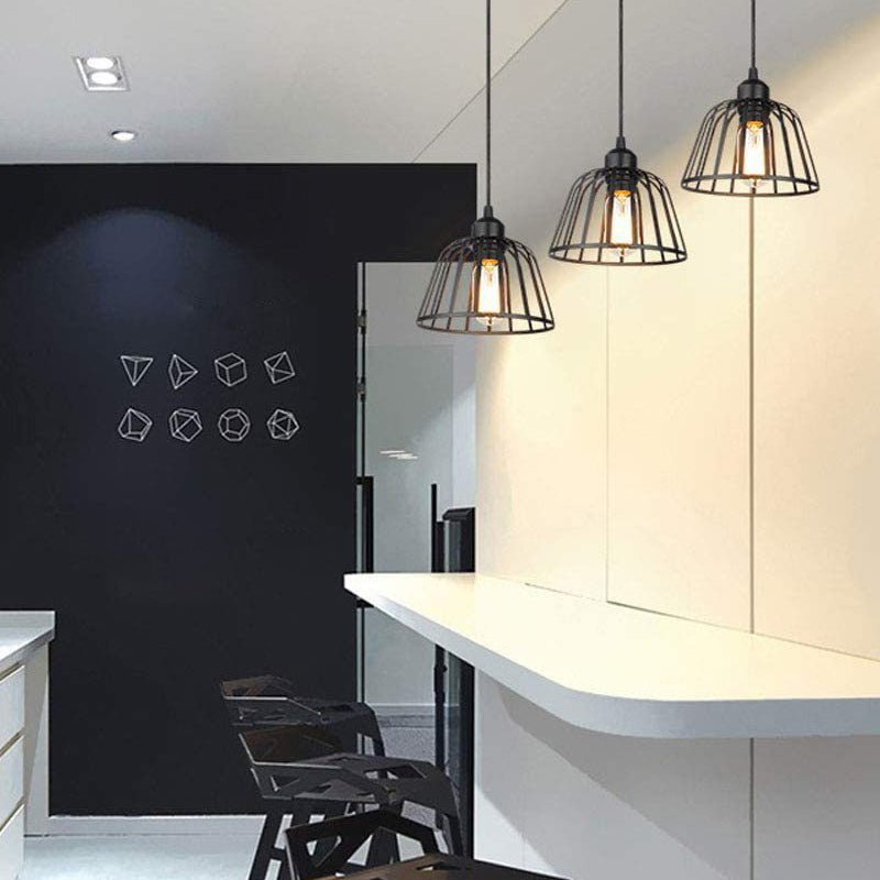 Black Iron Cage LED Chandelier - Small Industrial Pendant Light for Dining Room