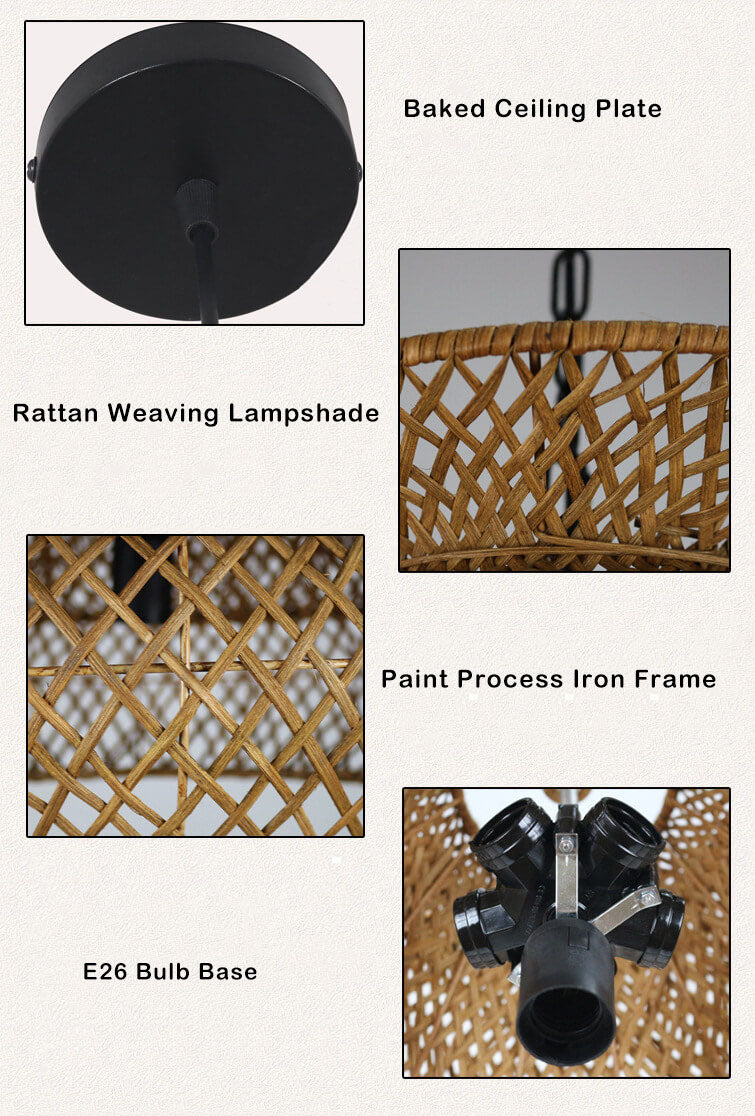 Vintage Rattan 3-Tier Chandelier Light Fixture for Bohemian Living Room