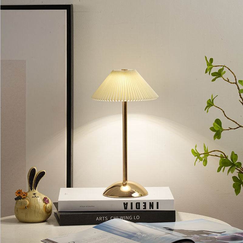 Modern Scandinavian Rechargeable Conic Pleated Fabric Table Lamp for Bedroom