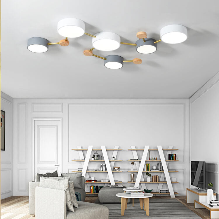 Scandinavian Minimalist Oak Wood and Iron LED Flush Mount Light Fixture