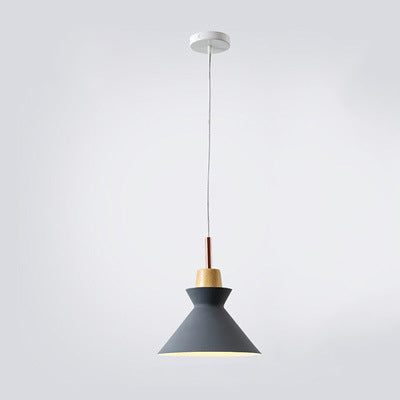 Scandinavian Oak Wood and Iron Cone Dome Pendant Light for Living Room