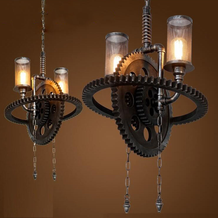 Rustic Vintage Industrial Iron Gear 2-Light Chandelier for Loft Spaces