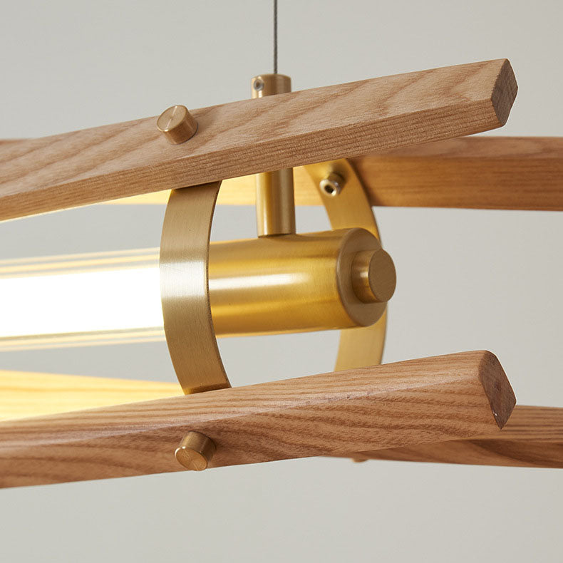 Rustic Ash Wood & Brass LED Island Chandelier for Dining Room Elegance