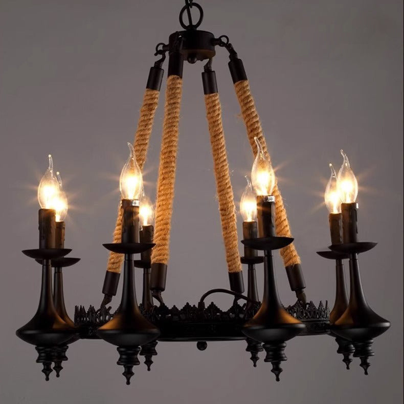 Rustic Iron and Hemp Rope Round Candelabra Chandelier for Living Room