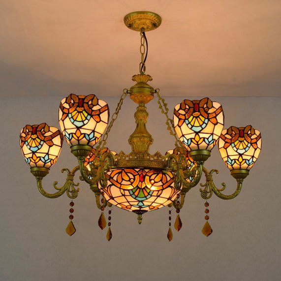 Vintage Tiffany Baroque Glass and Iron 8/11 Light Chandelier for Living Room