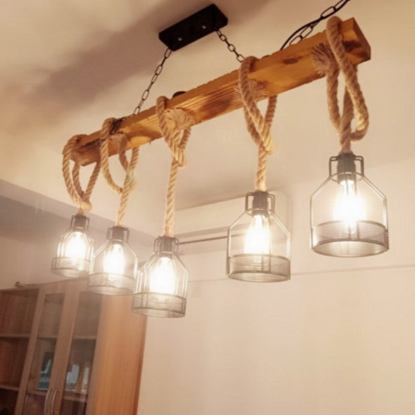 Rustic Wood Beam Iron Cage 5-Light Chandelier for Dining Room Decor