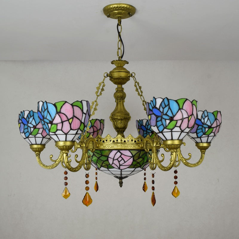 Vintage Tiffany-Style Floral Dome Iron Glass Chandelier for Living Room