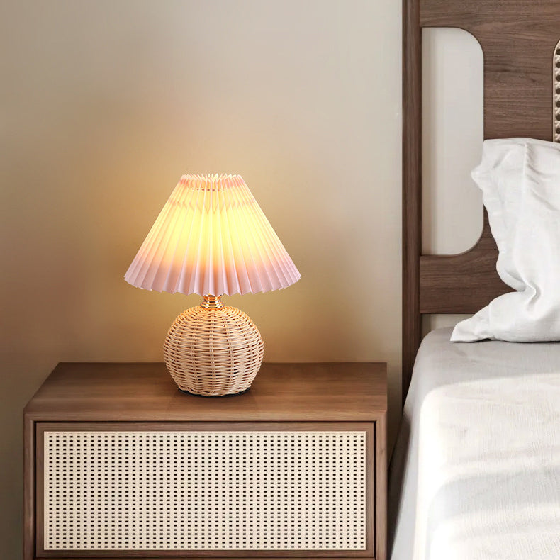 Scandinavian Rattan Pleated Conic LED Table Lamp for Modern Bedrooms