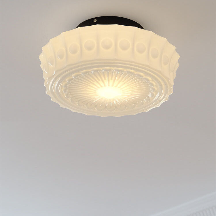 Elegant Black Iron Glass Striped Drum LED Ceiling Light for Living Room