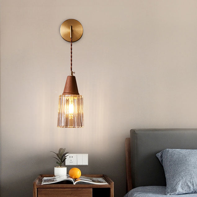 Rustic Japanese Walnut Glass Copper Cylinder Wall Sconce for Entryway