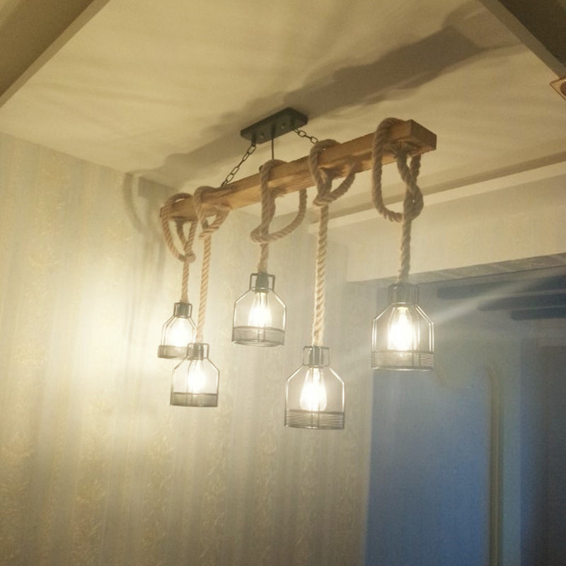 Rustic Wood Beam Iron Cage 5-Light Chandelier for Dining Room Decor