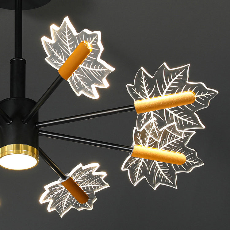 Sleek Black Iron Acrylic LED Chandelier with Maple Leaf Design for Living Room