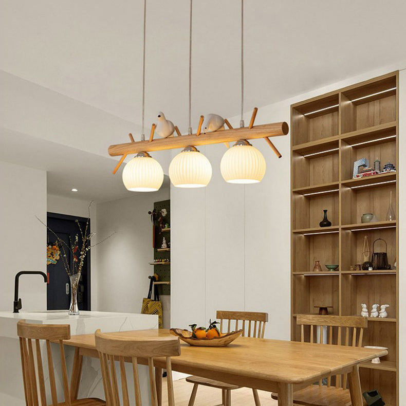 Elegant Traditional Japanese Wood and Glass 3-Light Chandelier for Living Room