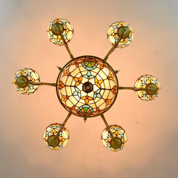Vintage Tiffany Baroque Glass and Iron 8/11 Light Chandelier for Living Room