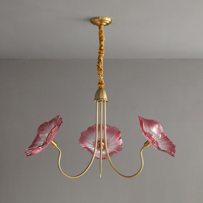 Art Deco Gold-Finish Lotus Leaf Glass Shade Chandelier for Living Room
