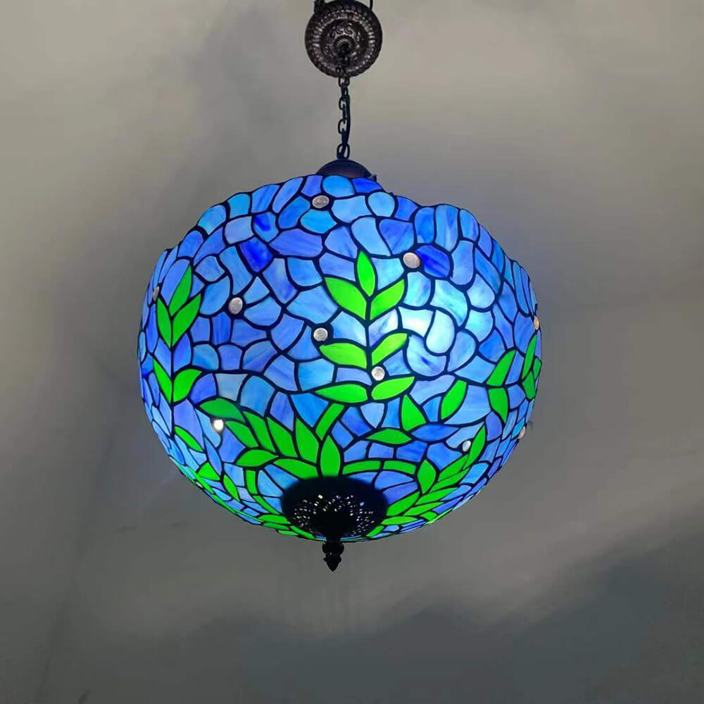 Vintage Tiffany Violet Stained Glass Round 3-Light Chandelier for Dining Room