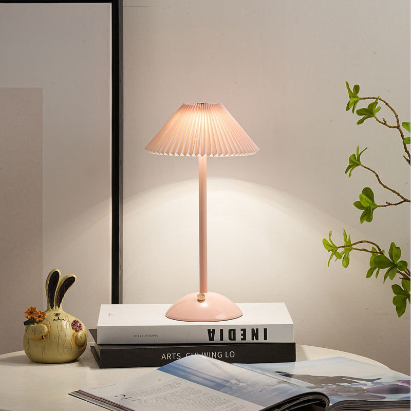 Modern Scandinavian Rechargeable Conic Pleated Fabric Table Lamp for Bedroom