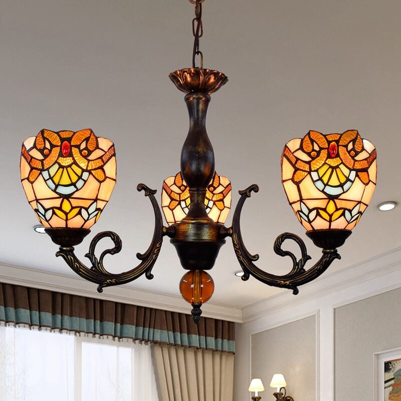 Traditional Tiffany Baroque Bell Alloy Glass 3-Light Chandelier For Living Room