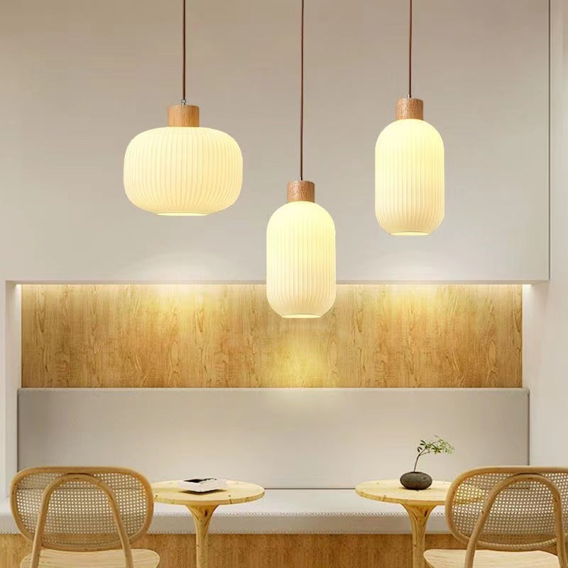 Rustic Japanese Wooden Strip Pendant Light for Living Room Island Lighting