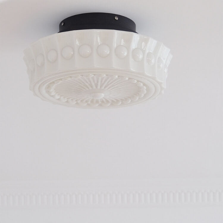 Elegant Black Iron Glass Striped Drum LED Ceiling Light for Living Room