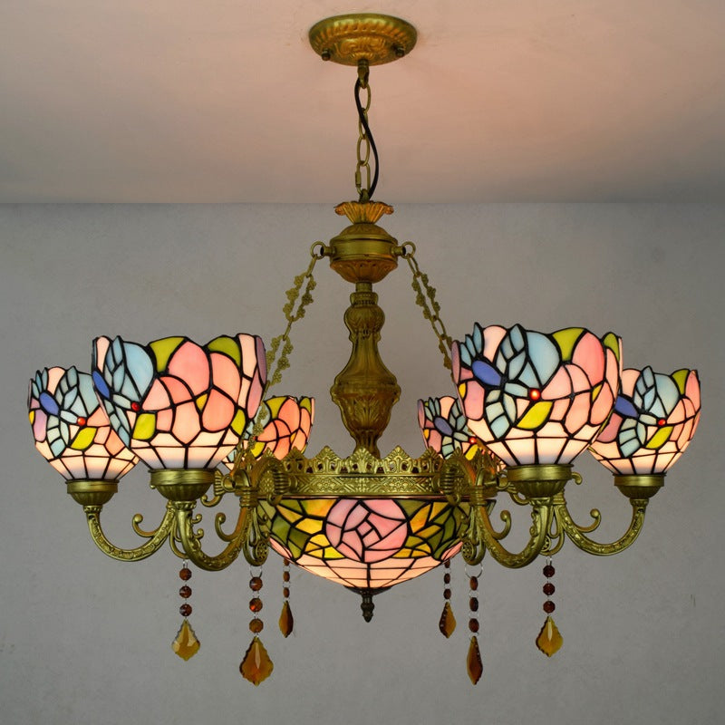 Vintage Tiffany-Style Floral Dome Iron Glass Chandelier for Living Room