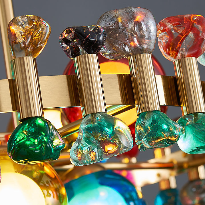 Modern Gold Finish Chandelier with Colorful Glass Shades for Living Room
