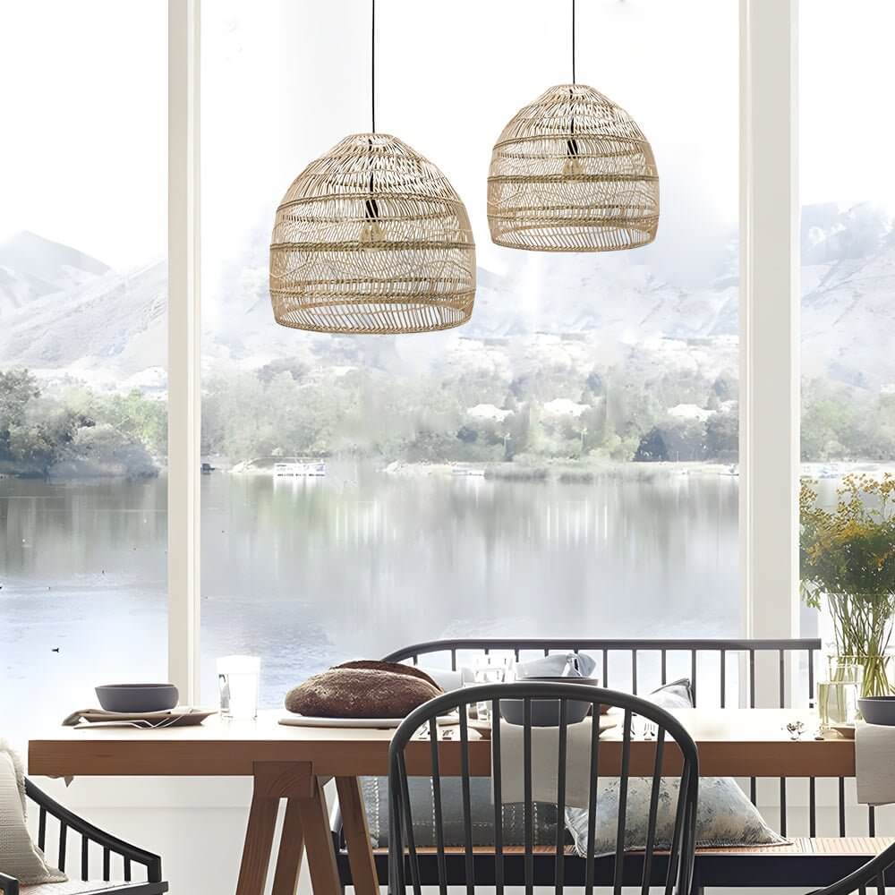 Natural Rattan Woven Dome Pendant Light for Bohemian Living Room Decor
