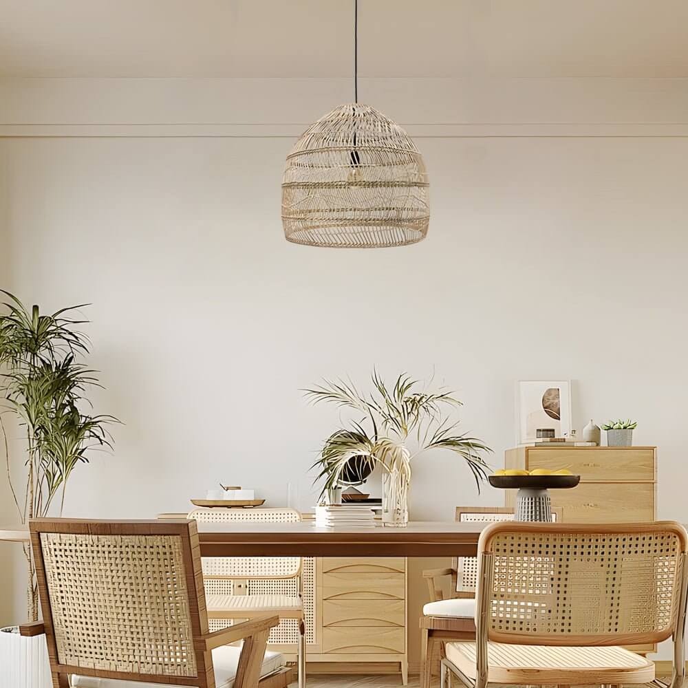 Natural Rattan Woven Dome Pendant Light for Bohemian Living Room Decor