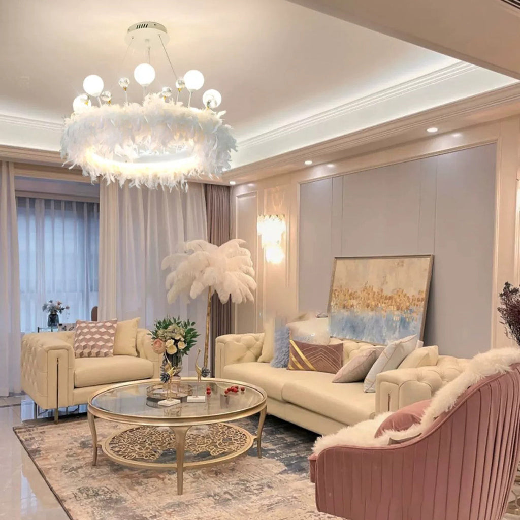 Modern White Acrylic Crown LED Chandelier with Feather Decor for Living Room
