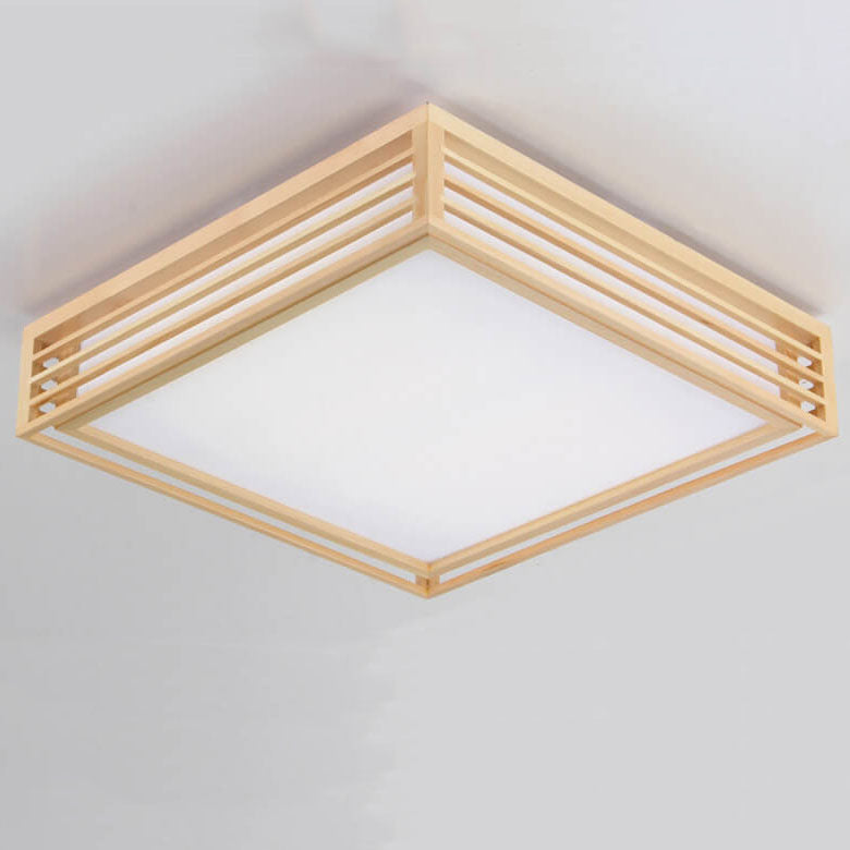 Natural Wood Square LED Flush Mount Ceiling Light for Japanese Tatami Room