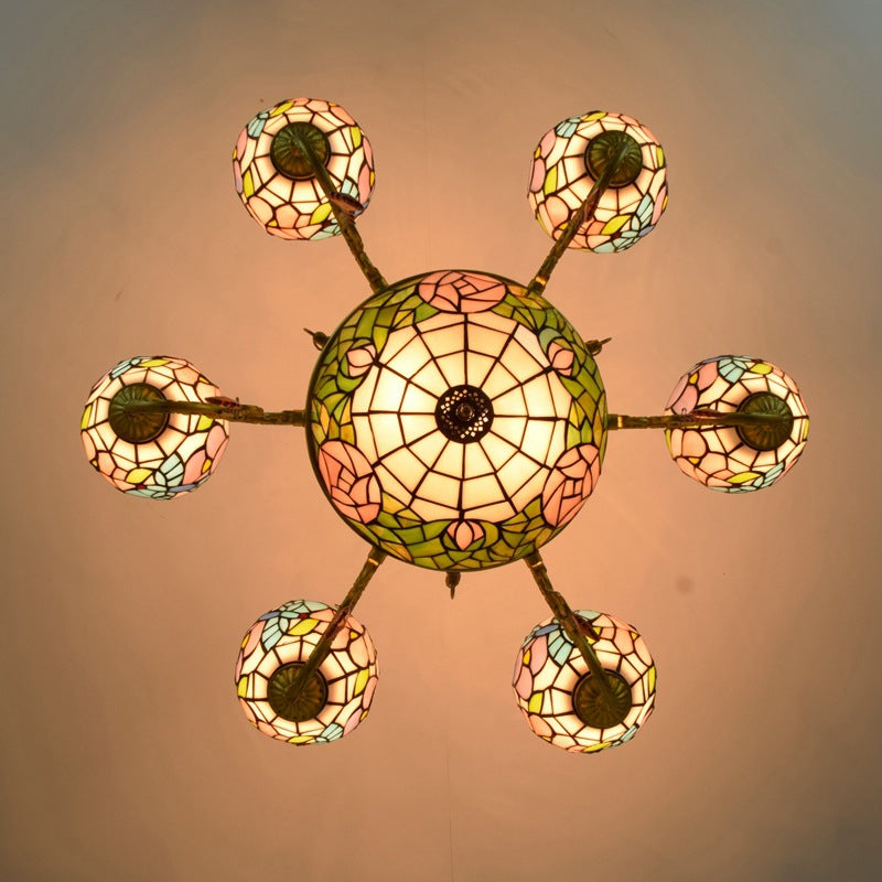 Vintage Tiffany-Style Floral Dome Iron Glass Chandelier for Living Room