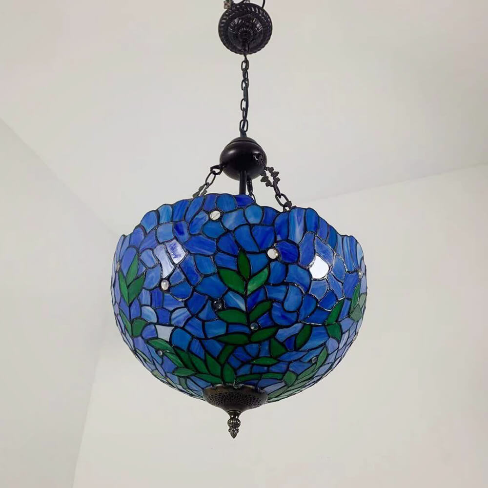Vintage Tiffany Violet Stained Glass Round 3-Light Chandelier for Dining Room