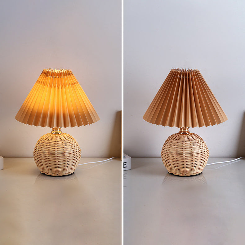 Scandinavian Rattan Pleated Conic LED Table Lamp for Modern Bedrooms