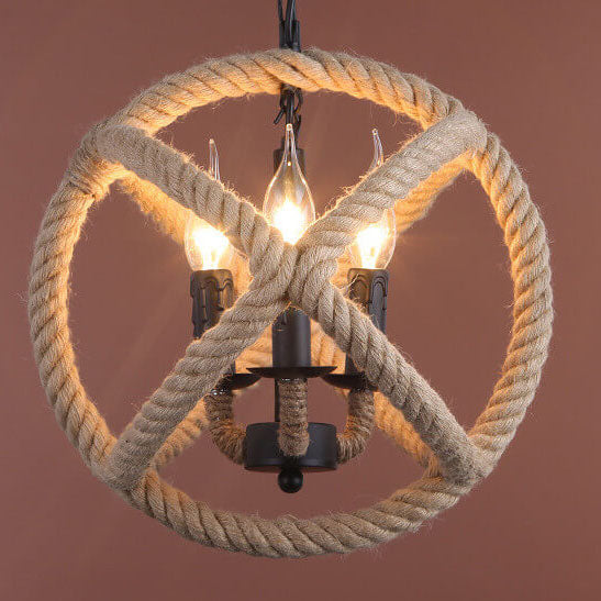 Rustic Industrial Hemp Rope Ball Chandelier 3-Light Fixture for Farmhouse Style