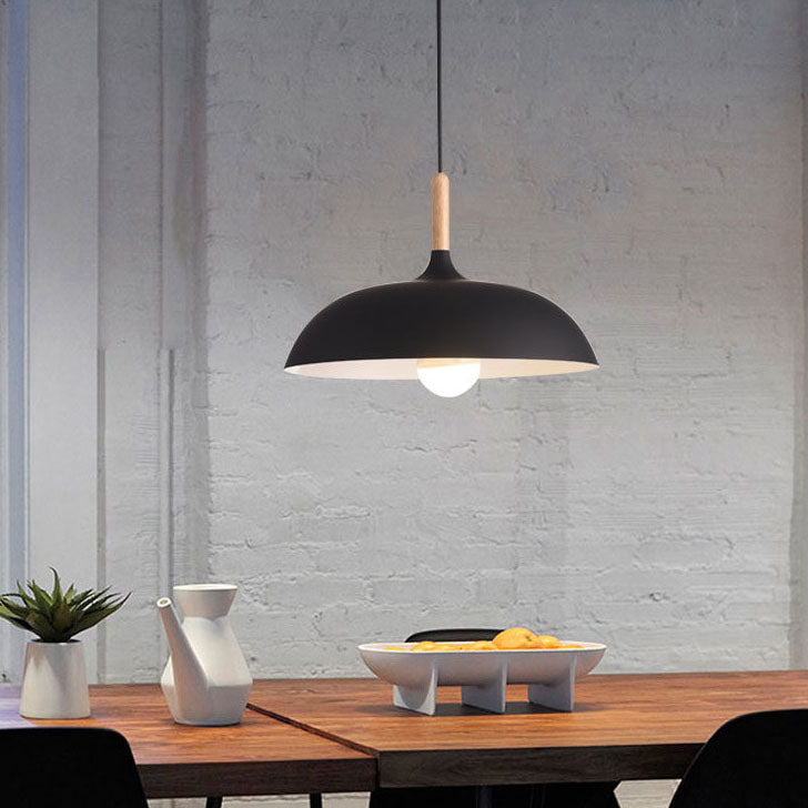 Sleek Black Metal and Wood Dome Pendant Light for Kitchen or Dining Room