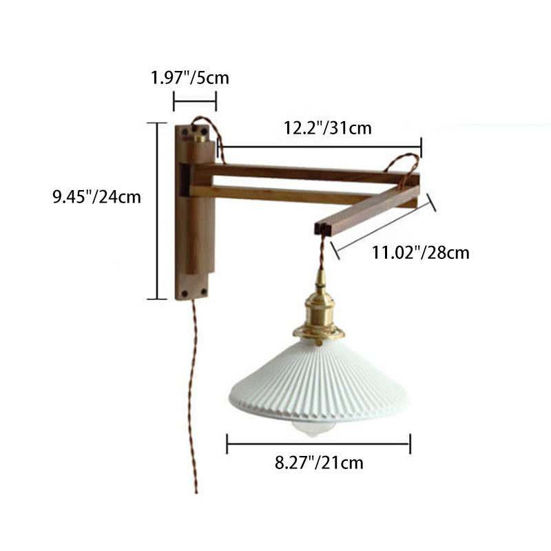 Elegant White Striped Glass 1-Light Walnut Wall Sconce for Modern Rooms