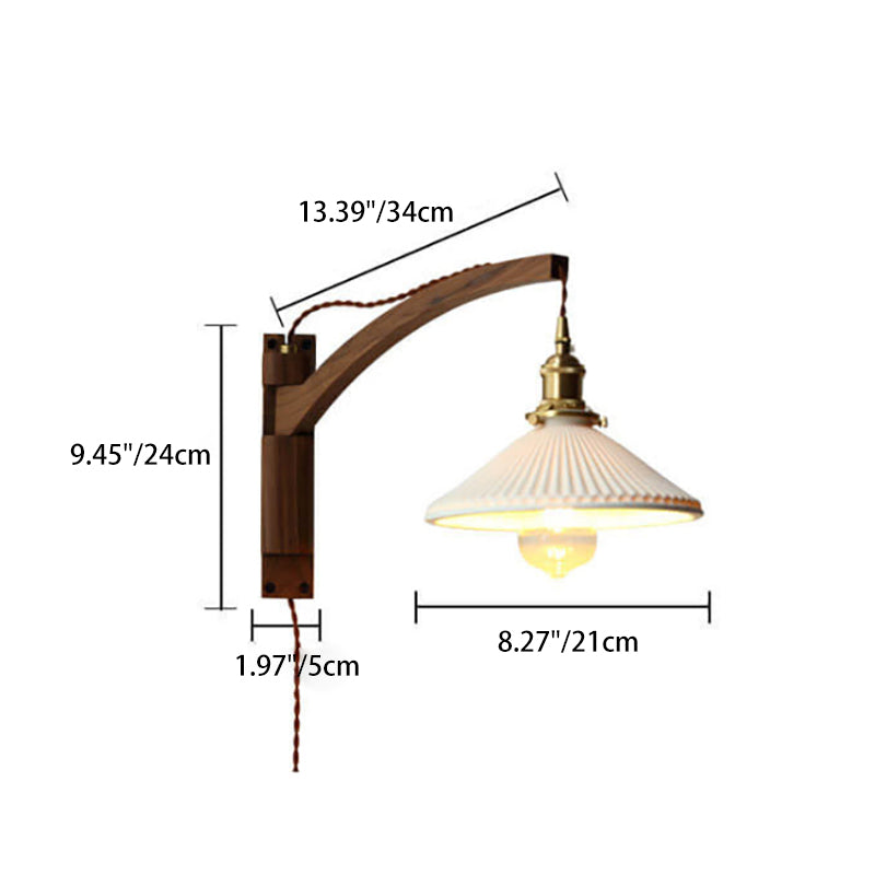 Elegant White Striped Glass 1-Light Walnut Wall Sconce for Modern Rooms