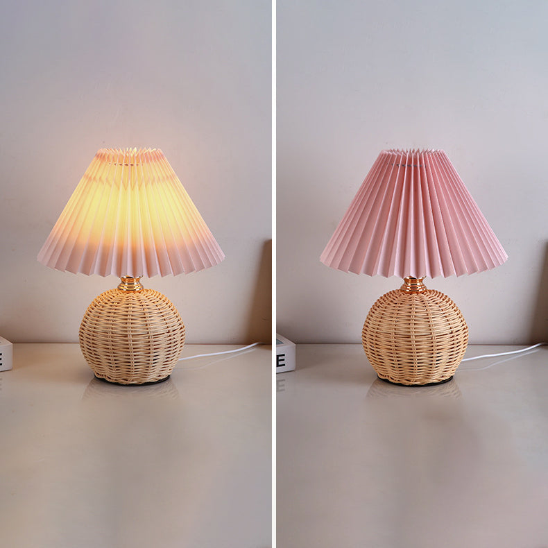 Scandinavian Rattan Pleated Conic LED Table Lamp for Modern Bedrooms