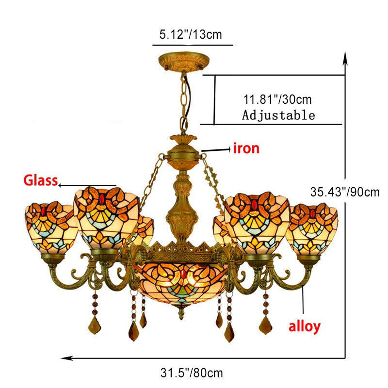 Vintage Tiffany Baroque Glass and Iron 8/11 Light Chandelier for Living Room