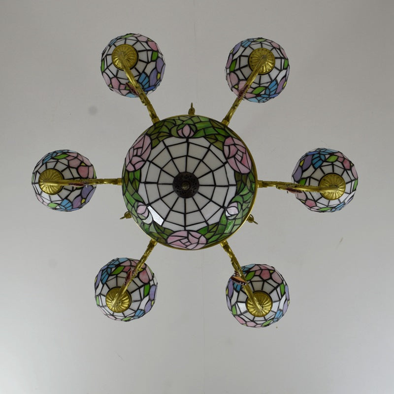 Vintage Tiffany-Style Floral Dome Iron Glass Chandelier for Living Room