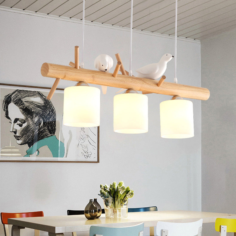 Scandinavian Wood and Glass Cylinder Chandelier for Dining Room Lighting