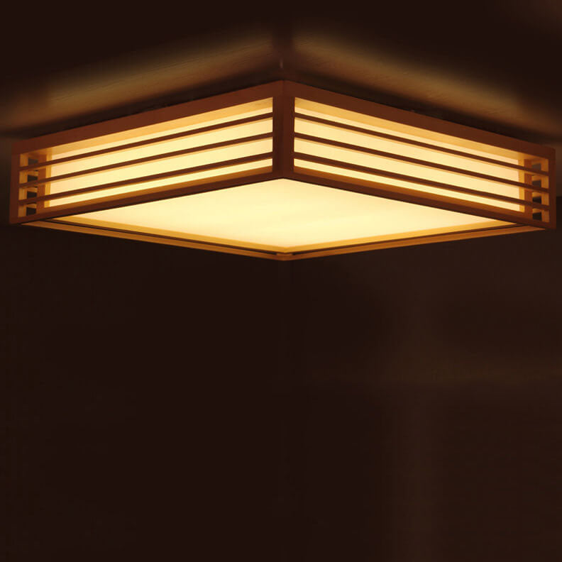 Natural Wood Square LED Flush Mount Ceiling Light for Japanese Tatami Room