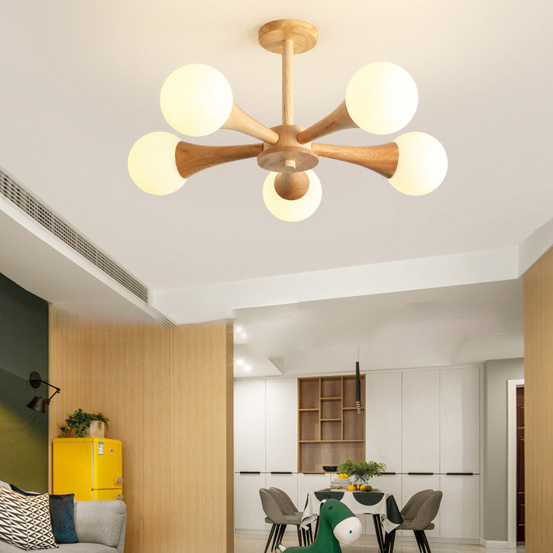 Rustic Japanese Wood Frame Glass Chandelier Light Fixture for Living Room