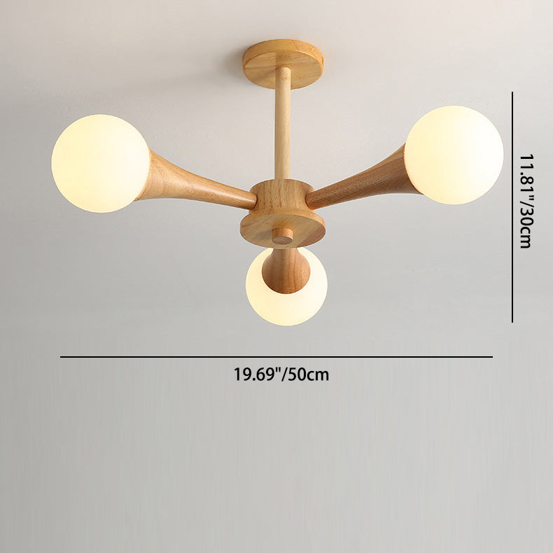 Rustic Japanese Wood Frame Glass Chandelier Light Fixture for Living Room