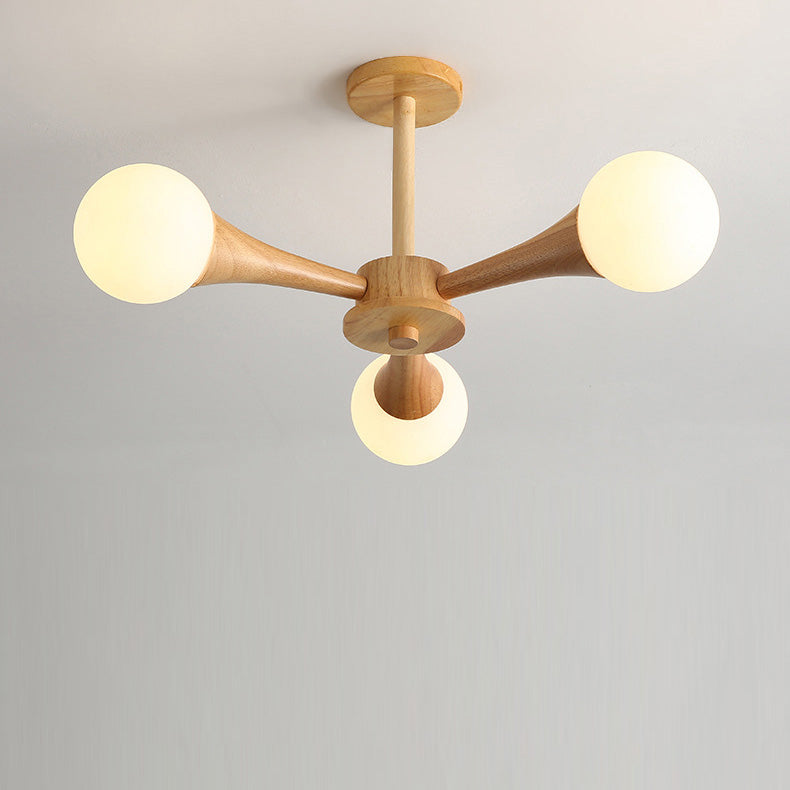 Rustic Japanese Wood Frame Glass Chandelier Light Fixture for Living Room